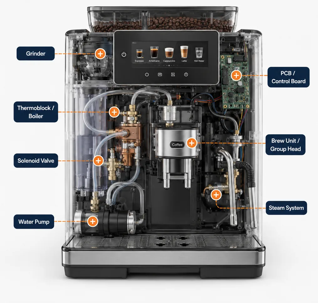 Cutaway diagram of a De'Longhi coffee machine showing the grinder, thermoblock and brew unit