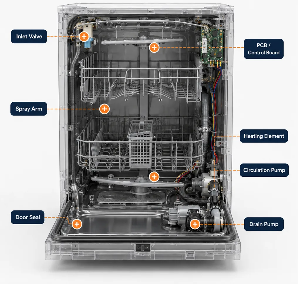 Cutaway diagram of a dishwasher showing the spray arm, drain pump and control board