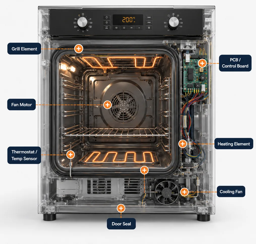 Cutaway diagram of an electric oven showing the heating element, fan motor, thermostat and control board