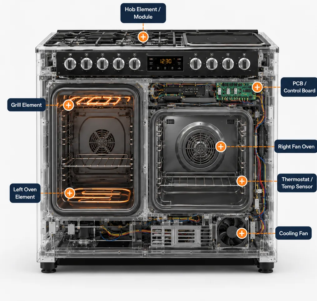 Cutaway diagram of a Rangemaster range cooker showing the twin ovens, hob and control board