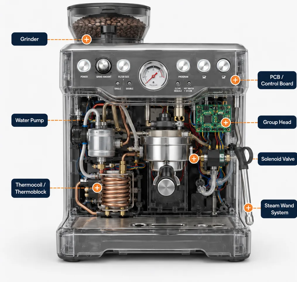 Cutaway diagram of a Sage coffee machine showing the grinder, thermocoil and group head