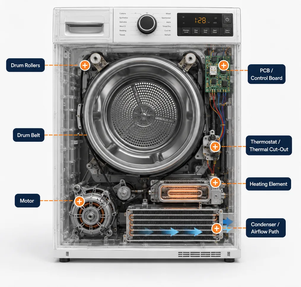 Cutaway diagram of a tumble dryer showing the drum, heating element and condenser airflow path