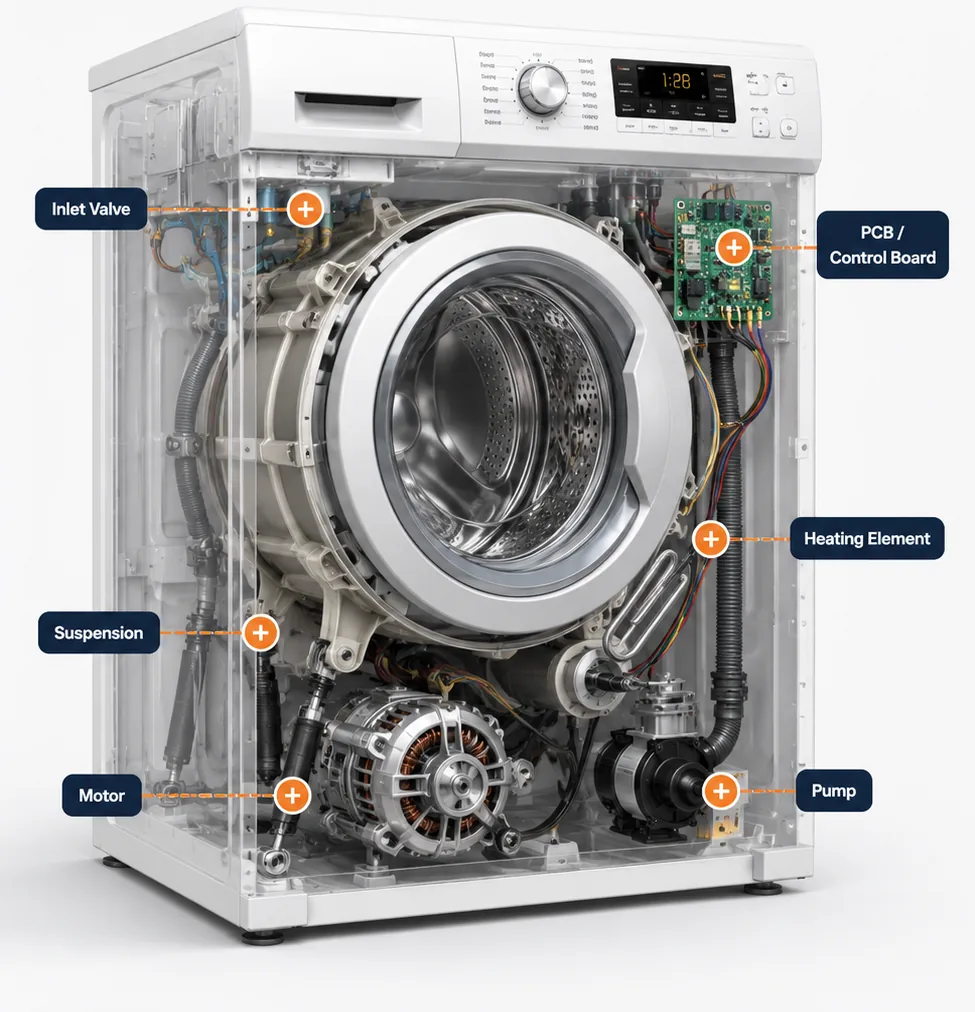 Cutaway diagram of a washing machine showing the drum, pump, motor and heating element